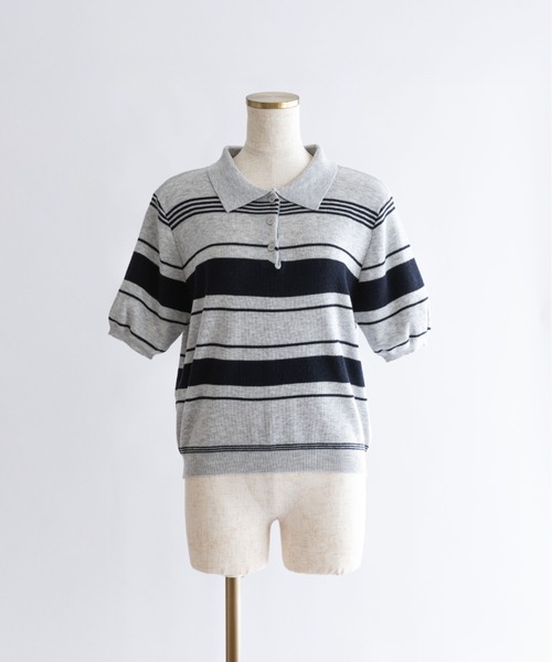 EN NEUME(エンノイム)の「Multi-Border Polo Knit(ニット/セーター・レディース・グレー/ネイビー・FREE)」の2枚目の写真