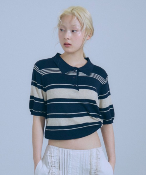 EN NEUME(エンノイム)の「Multi-Border Polo Knit(ニット/セーター・レディース・グレー/ネイビー・FREE)」の3枚目の写真