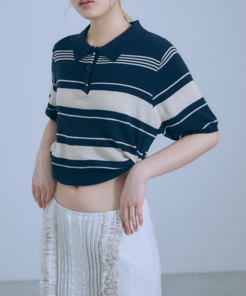 EN NEUME(エンノイム)の「Multi-Border Polo Knit(ニット/セーター・レディース・グレー/ネイビー・FREE)」の6枚目の写真