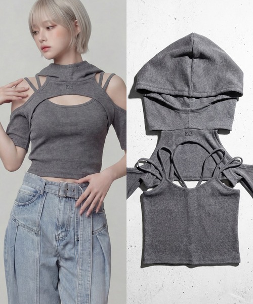 DURAS(デュラス)の「キャミ+フーディTセット(Tシャツ/カットソー・レディース・ホワイト/グレー/ブラック・FREE)」の3枚目の写真