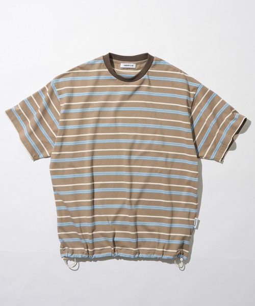 MAISON CLUB(メゾンクラブ)の「【MAISON CLUB】Over Multi Border Half Sleeve Tee / オーバーマルチボーダー半袖Tシャツ ボックスシルエット/ドローコード付き/短丈/クロップド/配色ボーダー/アウトドア(Tシャツ/カットソー・メンズ・ネイビー/ホワイト/ベージュ・L/M)」の2枚目の写真