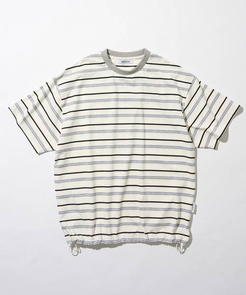 MAISON CLUB(メゾンクラブ)の「【MAISON CLUB】Over Multi Border Half Sleeve Tee / オーバーマルチボーダー半袖Tシャツ ボックスシルエット/ドローコード付き/短丈/クロップド/配色ボーダー/アウトドア(Tシャツ/カットソー・メンズ・ネイビー/ホワイト/ベージュ・L/M)」の1枚目の写真