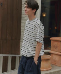 MAISON CLUB（メゾンクラブ）の「【MAISON CLUB】Over Multi Border Half Sleeve Tee   オーバーマルチボーダー半袖Tシャツ ボックスシルエット ドローコード付き 短丈 クロップド 配色ボーダー アウトドア（Tシャツ/カットソー）」