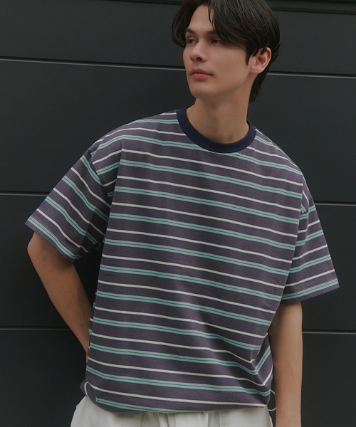 MAISON CLUB(メゾンクラブ)の「【MAISON CLUB】Over Multi Border Half Sleeve Tee / オーバーマルチボーダー半袖Tシャツ ボックスシルエット/ドローコード付き/短丈/クロップド/配色ボーダー/アウトドア(Tシャツ/カットソー・メンズ・ネイビー/ホワイト/ベージュ・L/M)」の7枚目の写真