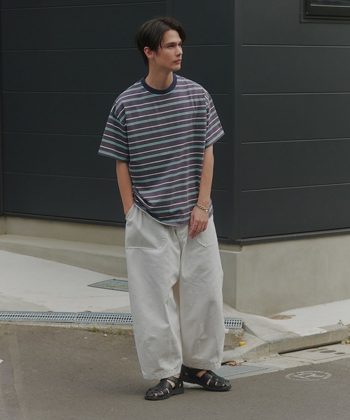 MAISON CLUB(メゾンクラブ)の「【MAISON CLUB】Over Multi Border Half Sleeve Tee / オーバーマルチボーダー半袖Tシャツ ボックスシルエット/ドローコード付き/短丈/クロップド/配色ボーダー/アウトドア(Tシャツ/カットソー・メンズ・ネイビー/ホワイト/ベージュ・L/M)」の9枚目の写真