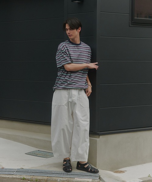MAISON CLUB(メゾンクラブ)の「【MAISON CLUB】Over Multi Border Half Sleeve Tee / オーバーマルチボーダー半袖Tシャツ ボックスシルエット/ドローコード付き/短丈/クロップド/配色ボーダー/アウトドア(Tシャツ/カットソー・メンズ・ネイビー/ホワイト/ベージュ・L/M)」の10枚目の写真