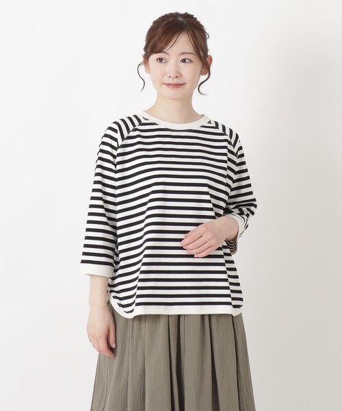 one'sterrace(ワンズテラス)の「クルーネック 7分袖ボーダープルオーバー(Tシャツ/カットソー・レディース・グレー系4/ブラック系8/パープル系2/イエロー系8/ネイビー系5・02)」の1枚目の写真