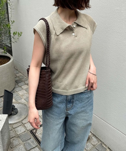 CANAL JEAN(キャナルジーン)の「El mar コットンブレンドポロニット(ニット/セーター・レディース・アイボリー/オリーブ/グレー・ONE SIZE)」の1枚目の写真