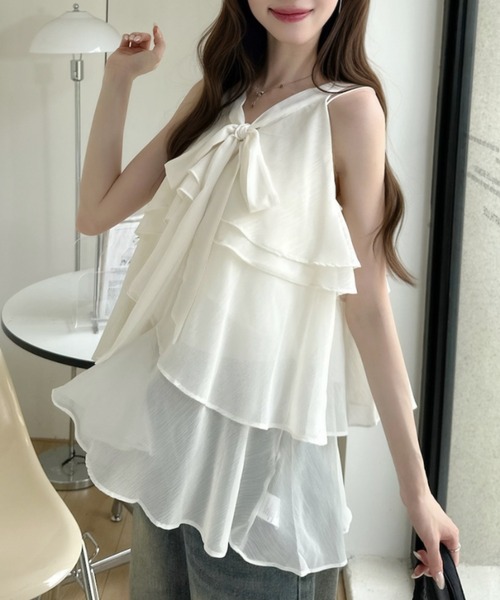 Ada.(エイダ)の「胸元リボン 3段 ティアード シフォン フリル ブラウス(シャツ/ブラウス・レディース・ピンク/パープル/アイボリー・FREE)」の13枚目の写真