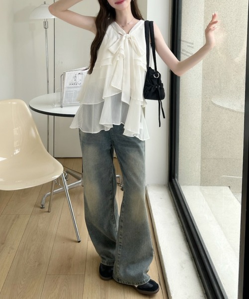 Ada.(エイダ)の「胸元リボン 3段 ティアード シフォン フリル ブラウス(シャツ/ブラウス・レディース・ピンク/パープル/アイボリー・FREE)」の15枚目の写真