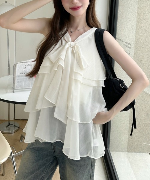 Ada.(エイダ)の「胸元リボン 3段 ティアード シフォン フリル ブラウス(シャツ/ブラウス・レディース・ピンク/パープル/アイボリー・FREE)」の18枚目の写真