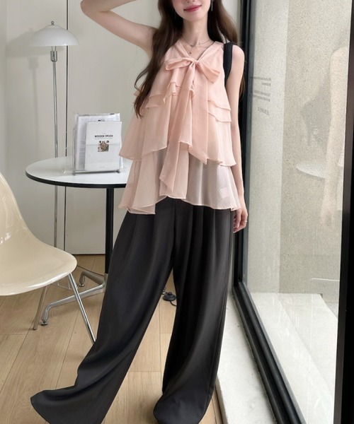 Ada.(エイダ)の「胸元リボン 3段 ティアード シフォン フリル ブラウス(シャツ/ブラウス・レディース・ピンク/パープル/アイボリー・FREE)」の9枚目の写真