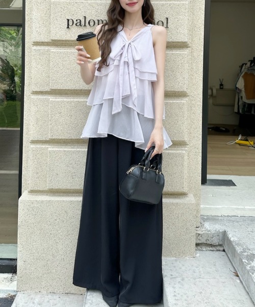 Ada.(エイダ)の「胸元リボン 3段 ティアード シフォン フリル ブラウス(シャツ/ブラウス・レディース・ピンク/パープル/アイボリー・FREE)」の5枚目の写真