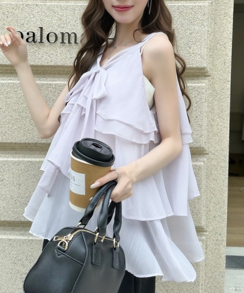 Ada.(エイダ)の「胸元リボン 3段 ティアード シフォン フリル ブラウス(シャツ/ブラウス・レディース・ピンク/パープル/アイボリー・FREE)」の6枚目の写真