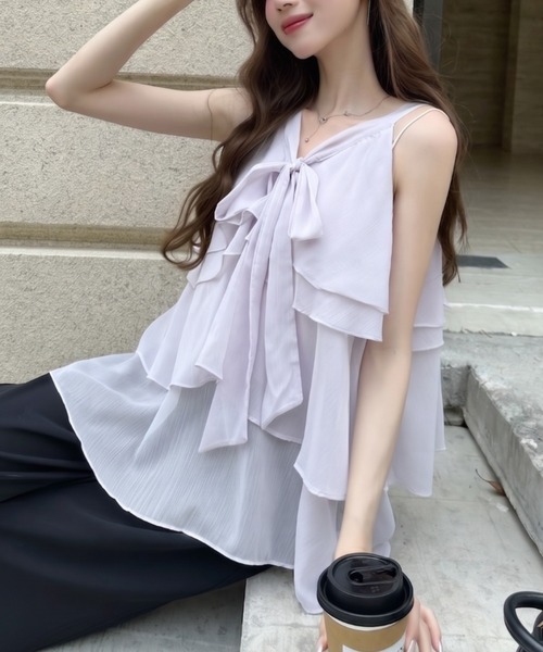 Ada.(エイダ)の「胸元リボン 3段 ティアード シフォン フリル ブラウス(シャツ/ブラウス・レディース・ピンク/パープル/アイボリー・FREE)」の7枚目の写真