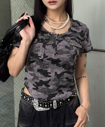【26年春夏新作】迷彩柄 ダブルポケットデザイン サイドギャザー半袖トップス