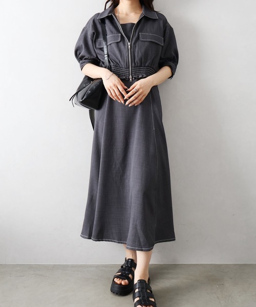 SpRay（スプレイ）の「配色ステッチ5分袖ジャケットxキャミワンピース（ワンピース・レディース・アイボリー/ブラック/チャコールグレー・FREE）」の8枚目の写真