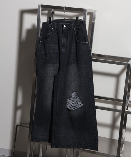 welise（ウェライズ）の「【welise/ウェライズ】13oz Dirty Damage Structural Wide Denim Pants/13oz ダーティーダメージ ストラクチャーワイドデニムパンツ（デニムパンツ・メンズ・ダークブラック/ブラック・L/M/S）」の4枚目の写真