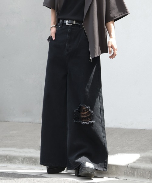 welise（ウェライズ）の「【welise/ウェライズ】13oz Dirty Damage Structural Wide Denim Pants/13oz ダーティーダメージ ストラクチャーワイドデニムパンツ（デニムパンツ・メンズ・ダークブラック/ブラック・L/M/S）」の8枚目の写真