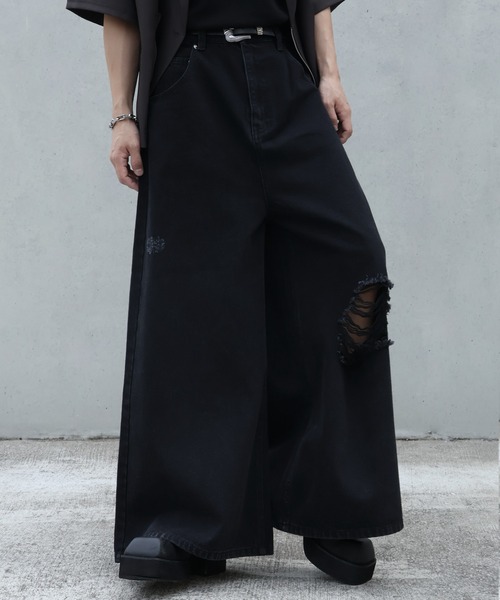 welise（ウェライズ）の「【welise/ウェライズ】13oz Dirty Damage Structural Wide Denim Pants/13oz ダーティーダメージ ストラクチャーワイドデニムパンツ（デニムパンツ・メンズ・ダークブラック/ブラック・L/M/S）」の5枚目の写真