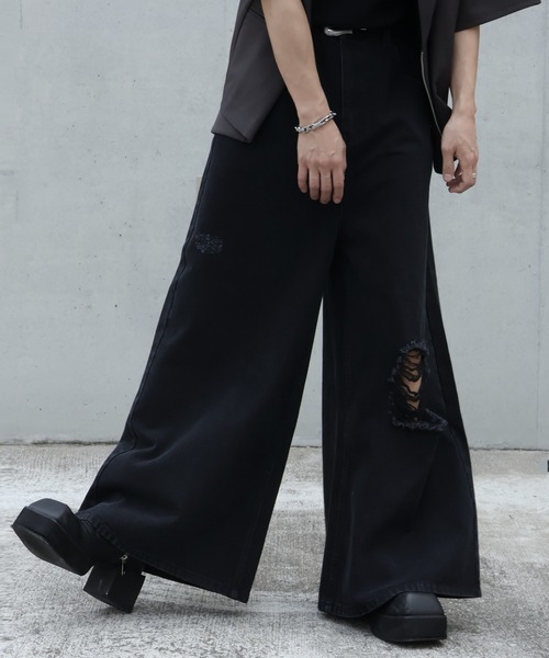 welise（ウェライズ）の「【welise/ウェライズ】13oz Dirty Damage Structural Wide Denim Pants/13oz ダーティーダメージ ストラクチャーワイドデニムパンツ（デニムパンツ・メンズ・ダークブラック/ブラック・L/M/S）」の7枚目の写真