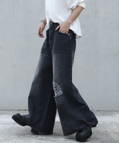 welise（ウェライズ）の「【welise/ウェライズ】13oz Dirty Damage Structural Wide Denim Pants/13oz ダーティーダメージ ストラクチャーワイドデニムパンツ（デニムパンツ・メンズ・ダークブラック/ブラック・L/M/S）」の15枚目の写真