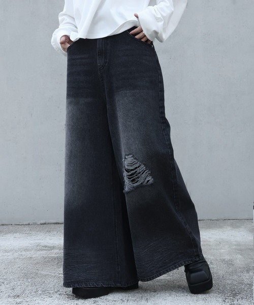 welise（ウェライズ）の「【welise/ウェライズ】13oz Dirty Damage Structural Wide Denim Pants/13oz ダーティーダメージ ストラクチャーワイドデニムパンツ（デニムパンツ・メンズ・ダークブラック/ブラック・L/M/S）」の14枚目の写真