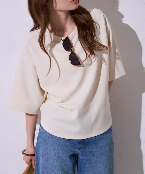 TRIANGLE PALETTE(トライアングルパレット)の「五分袖ラウンドヘム クルーネックトップス(Tシャツ/カットソー・レディース・ブラック/ホワイト・FREE)」の16枚目の写真