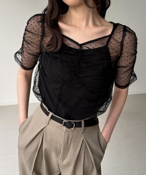junoah(ジュノア)の「シアードットトップス(キャミセット)(Tシャツ/カットソー・レディース・ブラック/アイボリー・LARGE/MEDIUM/SMALL)」の2枚目の写真