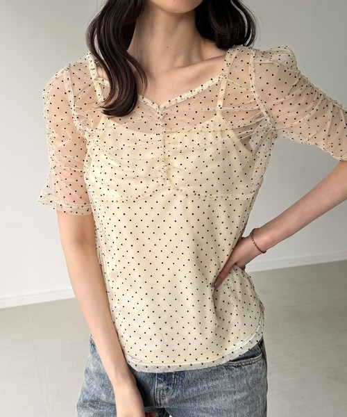 junoah(ジュノア)の「シアードットトップス(キャミセット)(Tシャツ/カットソー・レディース・ブラック/アイボリー・LARGE/MEDIUM/SMALL)」の6枚目の写真