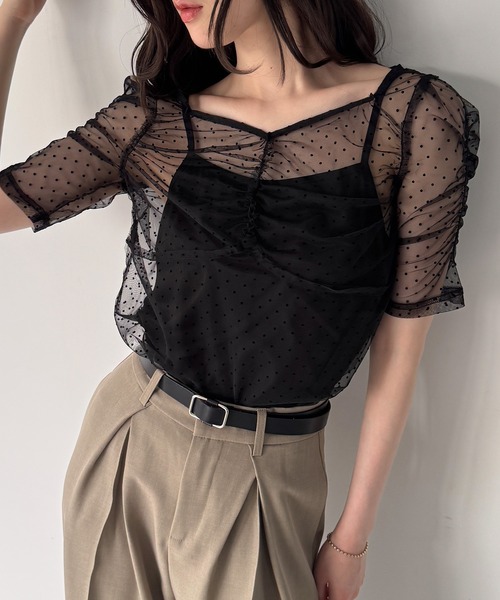 junoah(ジュノア)の「シアードットトップス(キャミセット)(Tシャツ/カットソー・レディース・ブラック/アイボリー・LARGE/MEDIUM/SMALL)」の7枚目の写真
