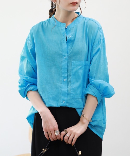 EGLANTINE(エグランティーヌ)の「EGLANTINE リネン混スタンドカラーブラウス 長袖(Tシャツ/カットソー・レディース・ブルー/アイボリー/ライトグリーン・38)」の3枚目の写真