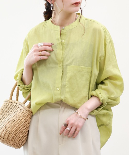 EGLANTINE(エグランティーヌ)の「EGLANTINE リネン混スタンドカラーブラウス 長袖(Tシャツ/カットソー・レディース・ブルー/アイボリー/ライトグリーン・38)」の2枚目の写真