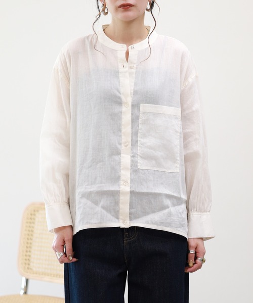 EGLANTINE(エグランティーヌ)の「EGLANTINE リネン混スタンドカラーブラウス 長袖(Tシャツ/カットソー・レディース・ブルー/アイボリー/ライトグリーン・38)」の21枚目の写真