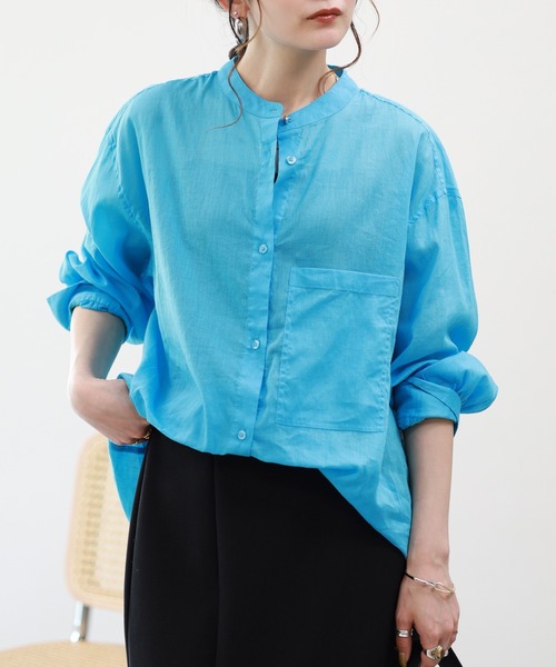 EGLANTINE(エグランティーヌ)の「EGLANTINE リネン混スタンドカラーブラウス 長袖(Tシャツ/カットソー・レディース・ブルー/アイボリー/ライトグリーン・38)」の5枚目の写真