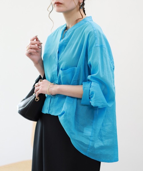 EGLANTINE(エグランティーヌ)の「EGLANTINE リネン混スタンドカラーブラウス 長袖(Tシャツ/カットソー・レディース・ブルー/アイボリー/ライトグリーン・38)」の6枚目の写真