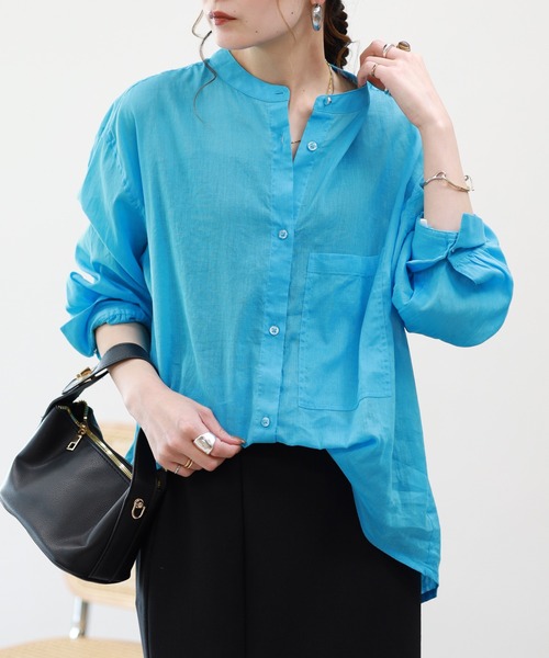 EGLANTINE(エグランティーヌ)の「EGLANTINE リネン混スタンドカラーブラウス 長袖(Tシャツ/カットソー・レディース・ブルー/アイボリー/ライトグリーン・38)」の7枚目の写真
