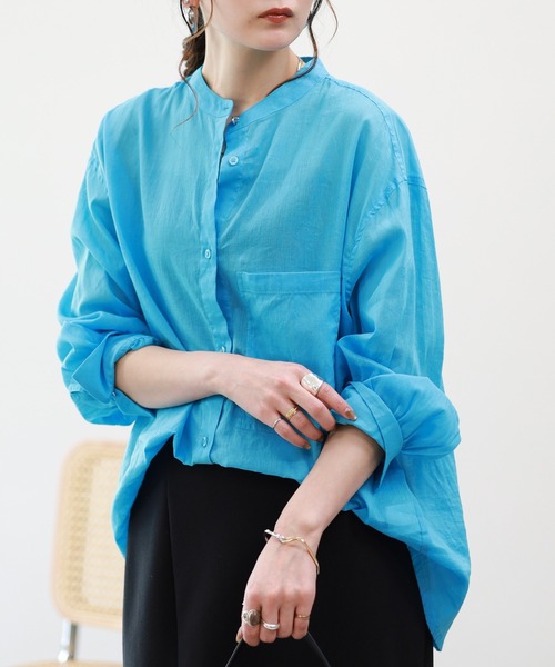 EGLANTINE(エグランティーヌ)の「EGLANTINE リネン混スタンドカラーブラウス 長袖(Tシャツ/カットソー・レディース・ブルー/アイボリー/ライトグリーン・38)」の8枚目の写真