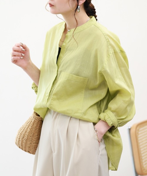EGLANTINE(エグランティーヌ)の「EGLANTINE リネン混スタンドカラーブラウス 長袖(Tシャツ/カットソー・レディース・ブルー/アイボリー/ライトグリーン・38)」の9枚目の写真