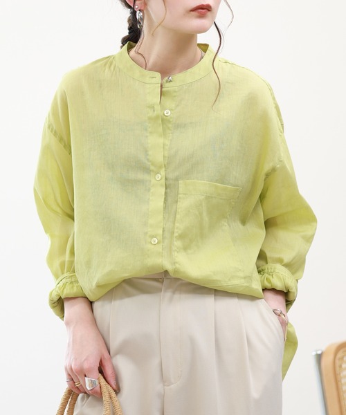 EGLANTINE(エグランティーヌ)の「EGLANTINE リネン混スタンドカラーブラウス 長袖(Tシャツ/カットソー・レディース・ブルー/アイボリー/ライトグリーン・38)」の10枚目の写真