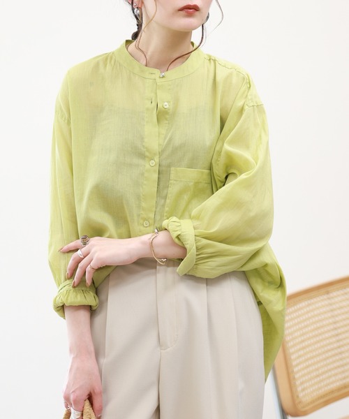 EGLANTINE(エグランティーヌ)の「EGLANTINE リネン混スタンドカラーブラウス 長袖(Tシャツ/カットソー・レディース・ブルー/アイボリー/ライトグリーン・38)」の12枚目の写真