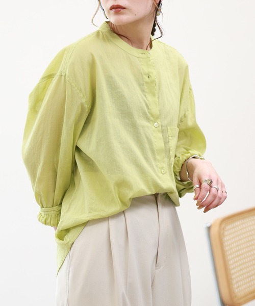 EGLANTINE(エグランティーヌ)の「EGLANTINE リネン混スタンドカラーブラウス 長袖(Tシャツ/カットソー・レディース・ブルー/アイボリー/ライトグリーン・38)」の13枚目の写真