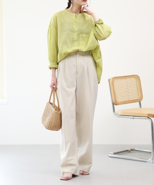 EGLANTINE(エグランティーヌ)の「EGLANTINE リネン混スタンドカラーブラウス 長袖(Tシャツ/カットソー・レディース・ブルー/アイボリー/ライトグリーン・38)」の14枚目の写真