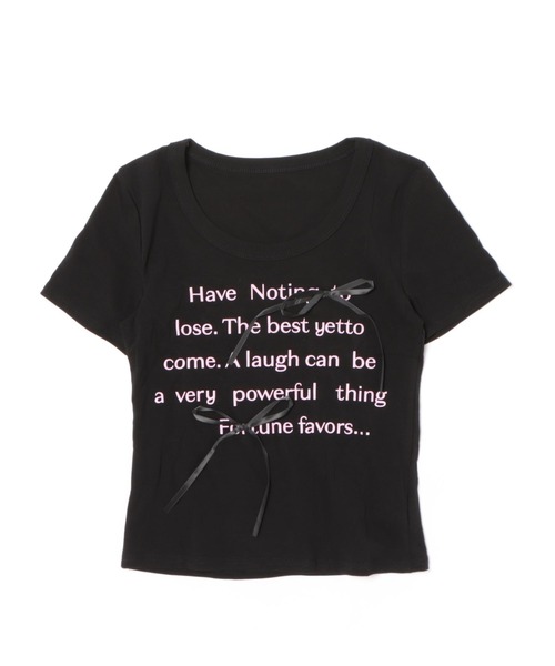 ViViDAY(ビビデー)の「フロントリボン&英字ロゴ ショットtシャツ(Tシャツ/カットソー・レディース・ホワイト/ブラック・M)」の2枚目の写真