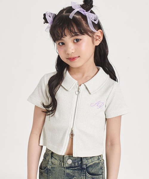 ANAP kids(アナップキッズ)の「ダブルジップ ラメリブ トップス(Tシャツ/カットソー・キッズ・ピンク/ライトブルー/ホワイト・110/120/130)」の2枚目の写真