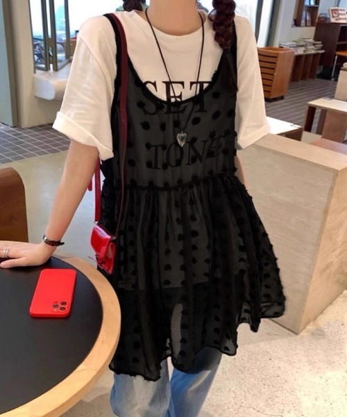 Miniministore(ミニミニストア)の「ドット柄チュールキャミチュニック 韓国風(キャミソール・レディース・ブラック/ホワイト・FREE)」の2枚目の写真
