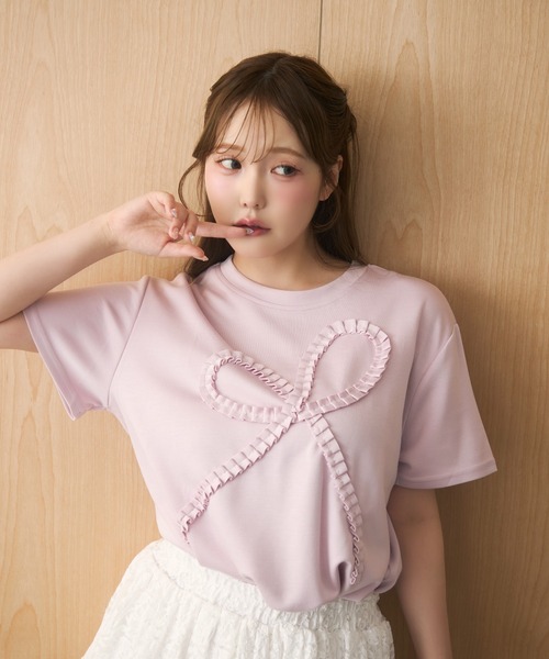 miune(ミューヌ)の「フリルリボンモチーフTシャツ(Tシャツ/カットソー・レディース・ラベンダー/ピンク/ホワイト/ブラック/ブルー・FREE)」の19枚目の写真