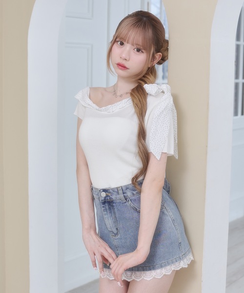 Rmine(アールマイン)の「ドット シフォン リボン ニット オフショル トップス(半袖)(ニット/セーター・レディース・グレー/ネイビー/ホワイト・FREE)」の6枚目の写真