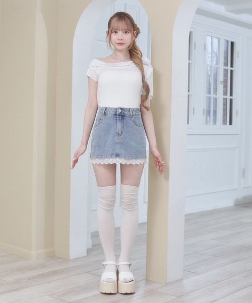 Rmine(アールマイン)の「ドット シフォン リボン ニット オフショル トップス(半袖)(ニット/セーター・レディース・グレー/ネイビー/ホワイト・FREE)」の9枚目の写真