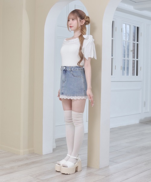Rmine(アールマイン)の「ドット シフォン リボン ニット オフショル トップス(半袖)(ニット/セーター・レディース・グレー/ネイビー/ホワイト・FREE)」の10枚目の写真